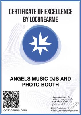 Angels Music DJs and Photo Booth Certificate of excellence