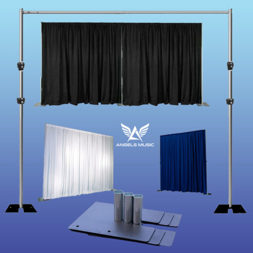 Backdrop Pipe and Drape Rent backdrop, pipe, and drape setups in Los Angeles for indoor and outdoor events. Available in any height with white or black drapes, these are perfect for weddings, corporate events, and parties. 8-14ft upright poles, bases, extendable poles. The Backdrop or drapes can be white, black, silver, Blue or gold.