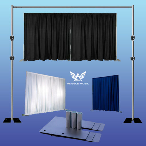 pipe and drape, Backdrop Pipe and Drape Rent backdrop, pipe, and drape setups in Los Angeles for indoor and outdoor events. Available in any height with white or black drapes, these are perfect for weddings, corporate events, and parties. 8-14ft upright poles, bases, extendable poles. The Backdrop or drapes can be white, black, silver, Blue or gold.