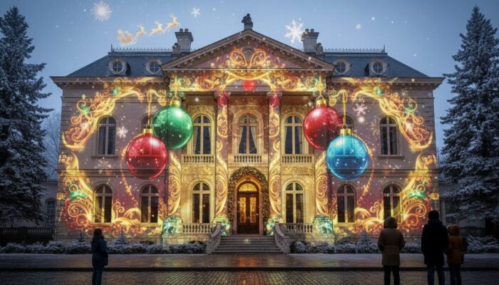 Professional Projection Mapping for Holiday House Displays, projection Mapping on a beautiful house with different colors and Christmas details projected on the house in Los Angeles CA
