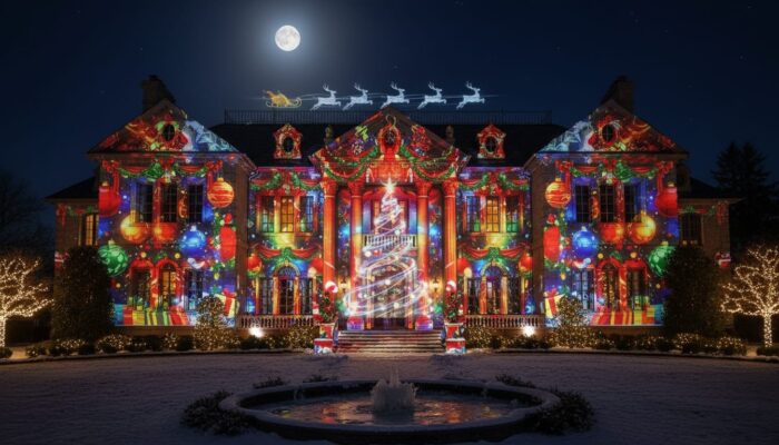 Professional Projection Mapping for Holiday House Displays, projection Mapping on a beautiful house with different colors and Christmas details projected on the house in Los Angeles CA