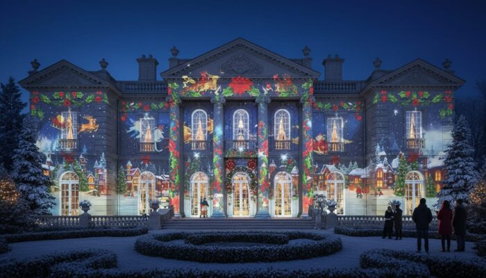 Professional Projection Mapping for Holiday House Displays, projection Mapping on a beautiful house with different colors and Christmas details projected on the house in Los Angeles