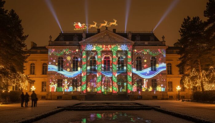 Professional Projection Mapping for Holiday House Displays, projection Mapping on a beautiful house with different colors and Christmas details projected on the house Guide 2025 in Los Angeles