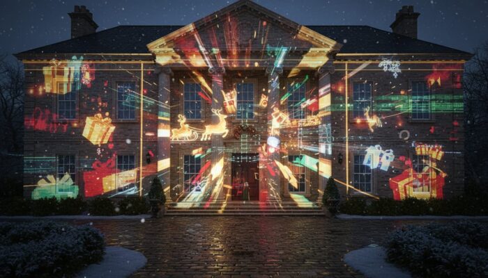 Professional Projection Mapping for Holiday House Displays, projection Mapping on a beautiful house with different colors and Christmas details projected on the house Guide 2025 in Los Angeles