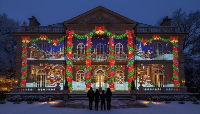Professional Projection Mapping for Holiday House Displays, projection Mapping on a beautiful house with different colors and Christmas details projected on the house Guide 2025 in Los Angeles